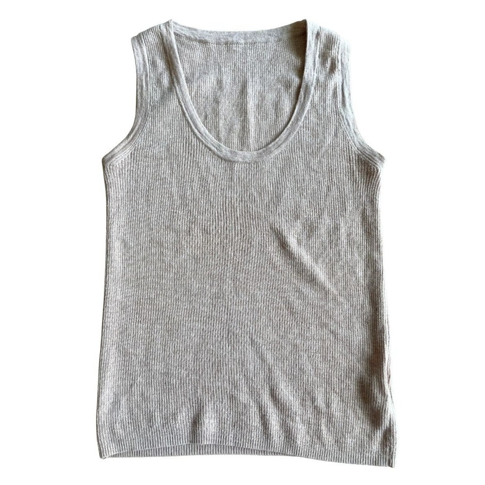 100% Wool Ribbed Knit Tank Top Womens M Oatmeal Beige Sleeveless Minimalist